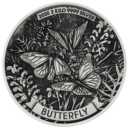 Butterfly 2025 2 Kilo Silver High Relief Antiqued Coin